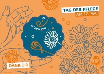 Blaue Blumen und zwei Hände vor orangenem Hintergrund